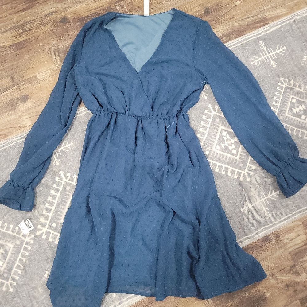 Beachsissi Long Sleeve Wrap Dress Blue Knee Length Casual Midi Size M